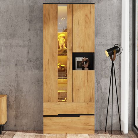 Vetrina da soggiorno 70 x 35 x 180 cm con LED, 3 ante, 2 cassetti, MDF effetto legno e nero REDOM (1/5)