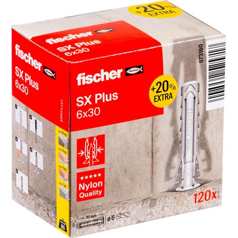 Cheville Nylon Multi-matériaux SX Plus 6x30 + 20% de Contenu supplémentaire /Boîte de 120 (1/5)