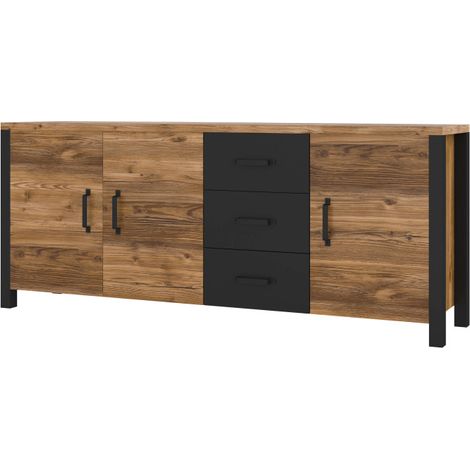 Petits-Meubles – Buffet 3 portes 3 tiroirs en bois épicéa noir mat – Dimensions 192 x 43 x 79 cm – Fabriqué en Europe – 3 étagères amovibles (1/5)