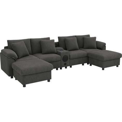 Canapé d'angle modulaire en velours côtelé gris avec enceinte Bluetooth, console multifonction et espace de rangement (1/5)