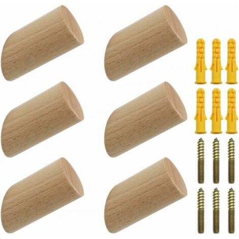 6 pièces Patères en Bois Crochets Muraux en Bois Naturel 3x6cm Crochets en Hêtre 45° Crochet de Cintre pour Vêtements Écharpe Chapeau Sac - Charge Maximale 15 kg (1/4)