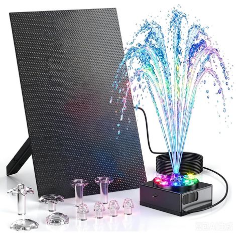 10W LED Fontaine Solaire pour Extérieur avec Batterie 2200mAh, Pompe Solaire Bassin avec Lumière pour Petit étang Oiseaux Balcon, Pompe à Fontaine solaire avec Akku (1/5)