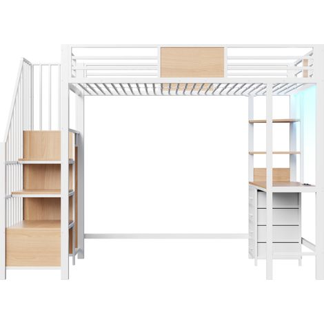 Letto a soppalco 90 x 200 cm in metallo con scrivania, ripiani, armadio, LED e presa – bianco (1/5)