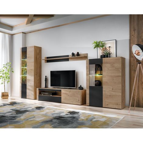 Ensemble meuble TV mural Aron avec vitrine et éclairage LED - Bois MDF noir mat et chêne Ribbeck - 320 x 192 x 45 cm - Livraison gratuite (1/5)