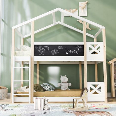 Letto a castello per bambini con scaletta, 90 x 200 cm, letto a castello per bambini – 2 reti a doghe – naturale e bianco
