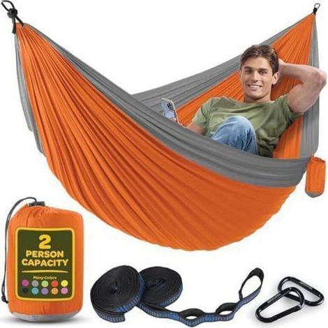Double Hammock, Flexible, Ultra-Light and Portable, 350 kg Capacity, Ideal for Garden, Camping, Travel, Grey-Orange
