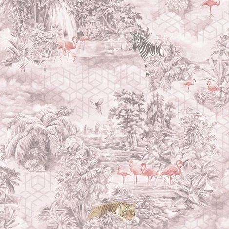 Mayang Geometric Jungle Themed Wallpaper Modern Feature Wall Pink (1/3)