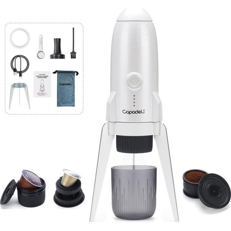 Machine à expresso portable, 3 en 1 électrique de camping, auto-chauffante avec USB-C, compatible avec les capsules et café moulu pour la maison et les voyages (blanc) (1/5)