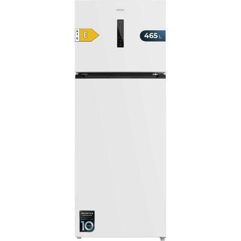 Weißer 2-türiger Kühlschrank mit einer Höhe von 185,5 cm und einer Breite von 70,3 cm mit einem großen Fassungsvermögen von 465 Litern und Inverter-Motor mit 10 Jahren Garantie.