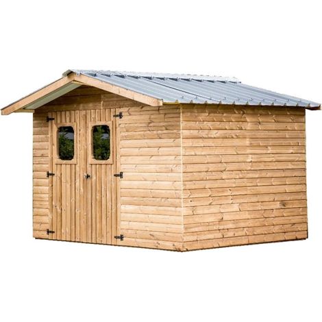 Habrita – Abri de jardin bois 10,60 m² – Bois thermochauffé – Toit bac acier – Résistant aux insectes et à l'humidité – Porte double vitrage PVC (1/3)