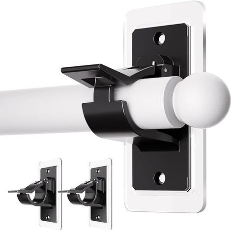 Lot de 2 supports de tringle à rideaux autocollants sans perçage - Crochets de tringle à rideaux à coller sans clous - Pour salle de bain - Noir (1/5)