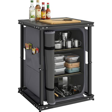 Outsunny Camping Cupboards, Folding Camping Kitchen Table with 3-Tier