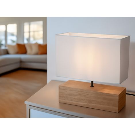 LED Tischleuchte Holzfuß mit Stoffschirm in Weiß, Höhe 30cm (1/5)