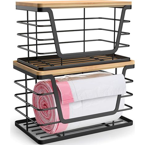Lot de 2 Supports de Sacs Poubelle pour Plan de Travail et Panier de Rangement Mural à Suspendre – Organisateur de Cuisine sous l'Évier ou dans le Placard, Porte-Fruits Gain de Place (26,7 x 15,6 cm + (1/4)