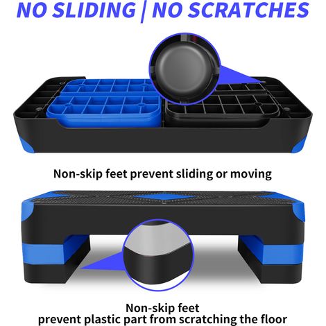Stepper aérobie bleu 68,5cm/27 » avec élévateurs de hauteur réglables. Conçu comme plateforme de marche pour les exercices de step up réguliers. (1/5)