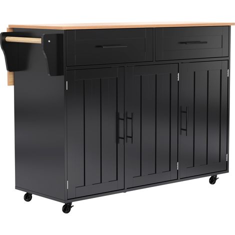Grand chariot de salle à manger noir 129x46(71)x91,5 cm, buffet, plateau en bois massif, plateau rabattable, porte de rangement, roulettes/pieds en bois massif, adapté à un usage domestique. (1/5)