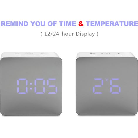 Réveil miroir numérique LED 12/24 heures avec veilleuse, alarme et fonction snooze - Lumière bleue (1/5)