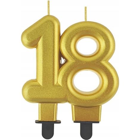 Vela para tarta número 18, cumpleaños, color dorado metalizado, 8 cm. (1/2)