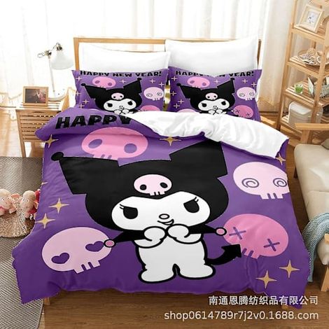 Parure de lit Kuromi (housse de couette et taie d'oreiller) imprimée en 3D, cadeau enfant, taille simple (135 x 200 cm). (1/2)