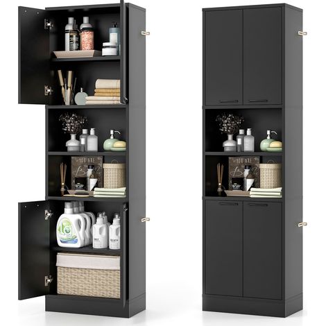 COSTWAY Kitchen Pantry Cabinet 190cm Tall Freestanding Cupboard w/Doors Black