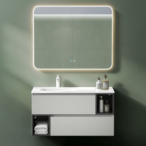 Mai & Mai Meuble de Salle de Bain Gris Clair + Gris foncé avec Lavabo et Miroir Meuble sous Vasque 100x48x54cm Meuble Suspendu avec 2 Tiroirs (1/5)