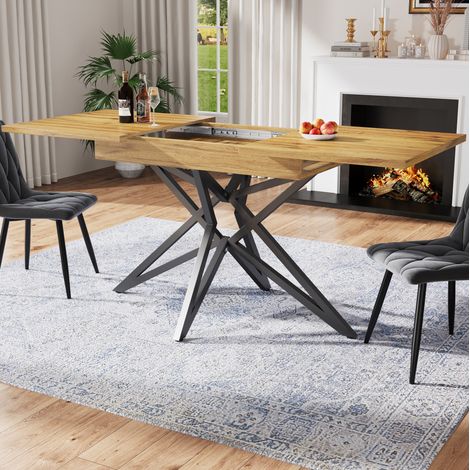 Table extensible de comedor MDF color nogal y metal negro 120/160x80x66,1 cm para 6-8 personas (1/5)