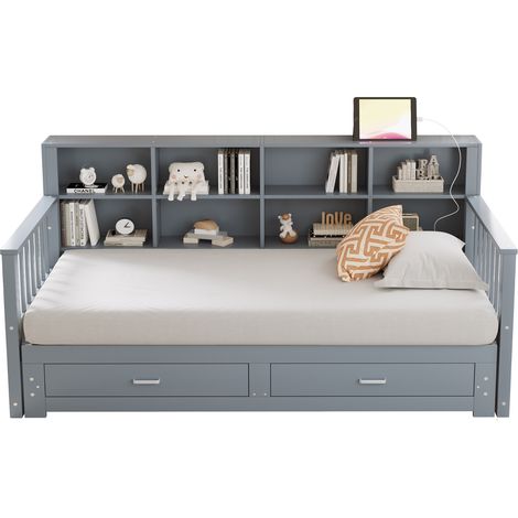 Canapé lit bois massif extensible 90/180x190, armoire avec prise dans accoudoir, 2 tiroirs et sommier, lit pin multifonction, gris (1/5)