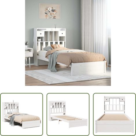 Sommier à lattes - Lit bibliothèque sans matelas blanc 75x190cm bois de pin massif (1/5)