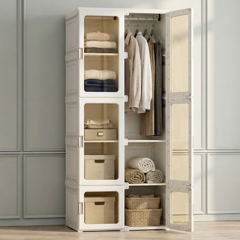 Armadio pieghevole, mobile contenitore 69x50x170 cm (590L), montaggio rapido senza attrezzi, ante trasparenti con chiusura magnetica, plastica PP e PET, design moderno, Bianco