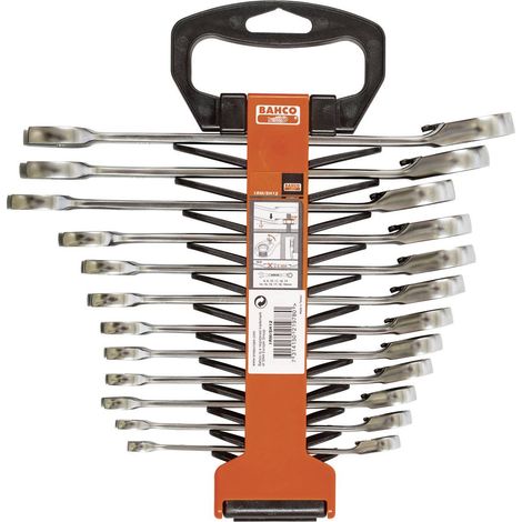 Bahco – Clé mixte à cliquet 12 pcs – Ouverture de clé métrique 8-19 mm – Support en plastique pour rangement – Usage professionnel