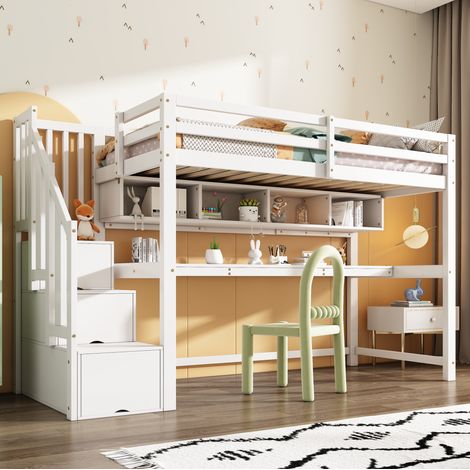Cama alta infantil con escritorio y escalera con almacenaje, madera maciza + MDF, blanca, 90x200 cm (1/5)
