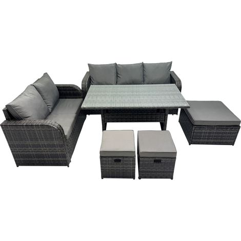 Fimous 8 Seat Outdoor Wicker PE Rattan Garden Furniture Set Dining Table Sofa Sets with 3 Stools Dark Grey Mixed (1/5)