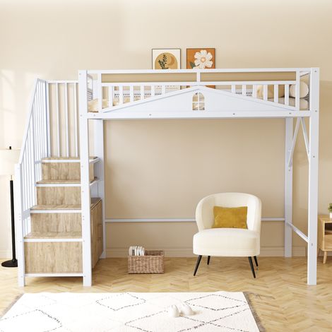 Lit mezzanine métal 90 x 200 cm avec cabine sécurité + fenêtre + échelle + casier, lit superposé blanc pour chambre, studio, bureau (1/4)