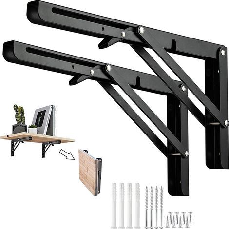 ZOLGINAH Supports d'étagère Pliables de 200 mm, Acier Inoxydable épais Noir mat, Supports d'étagère Lourds, Support d'étagère Murale Pour Livre, Support de Table, Chaise, Charge Maximale : 80 kg (2pcs (1/5)