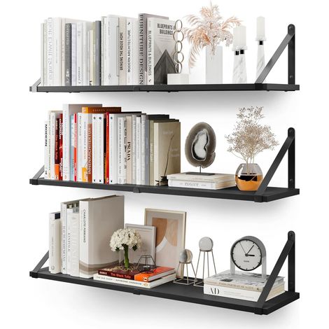 Étagères murales suspendues pour Le Mur, Lot de 3, 80 cm x 20 cm Étagère Bibliothèque pour Chambre à Coucher Salon Bureau Salle de Bain Cuisine Bois Rustique avec Support métallique (Noir) (1/5)