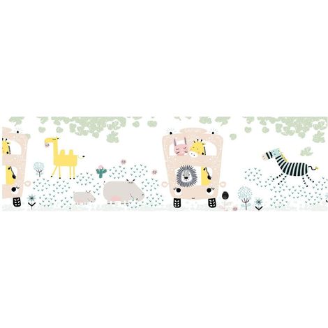 Empapelado con dibujo animales Profhome 403756 cenefa adhesiva ligeramente texturado con dibujo de animales mate blanco amarillo blanco crema azul 0,75 m2