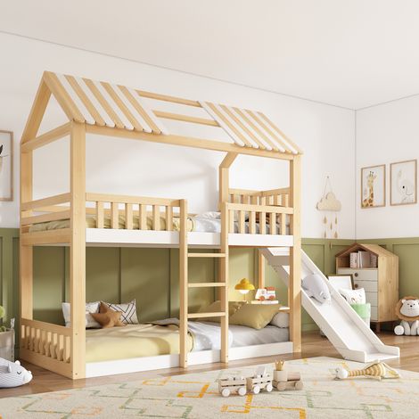 Etagenbett Holz Weiß/Natur 90x200 cm mit Giebeldach, Regal, Rutsche und Lattenrosten (1/5)