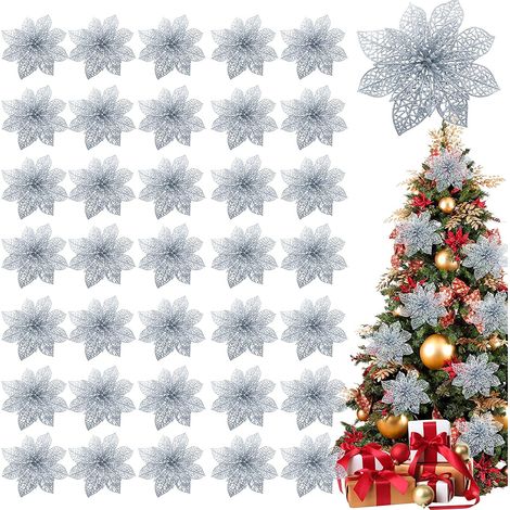 Lot de 36 décorations Noël, poinsettia pailleté doré 10cm, fleur artificielle plastique avec tige pour sapin couronne guirlande (1/5)