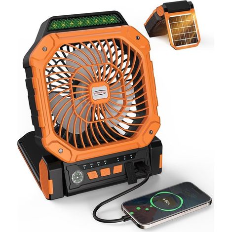 Ventilador solar con batería recargable，4 velocidades + linterna LED，Con control remoto y temporizador (2/4/8 h)，Alimentación USB-C/solar (1/5)