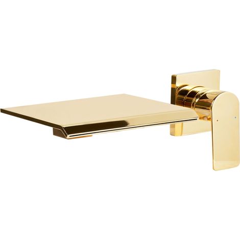 Robinet Mitigeur pour Lavabo Mural en Laiton Commande Unique Effet Cascade Doré Aponwao