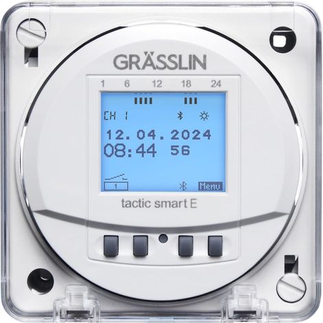 Grässlin 43.87.0003.1 tactic smart E Astro-Zeitschaltuhr digital Einbau App, Fronttafeleinbau, Bluetooth, App, 1 Kanal, Wochen-/Jahres-/Astroprogramm, Impuls/Zyklus, LED 400 W, 8 Jahre Gangreserve (1/5)