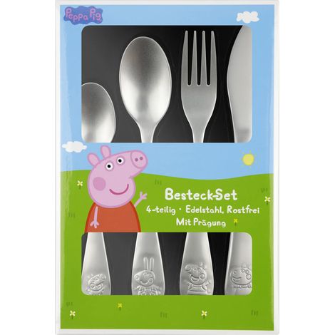 Ensemble de Couverts pour Enfants 4 Pièces - Acier Inoxydable avec Couteau, Fourchette, Cuillère et Petite Cuillère - Motif Gravé, Argent - Couverts d'Apprentissage (1/4)