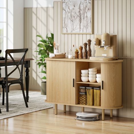Buffet 120x40x78 cm avec portes coulissantes à tambour, 4 compartiments et pieds en bois en chêne (1/4)
