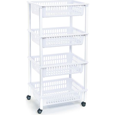 Chariot multiusage 4 paniers blanc – Dimensions 40x30x85 cm – Résistant pour rangement et transport – Pour maison et bureau – Plasticforte