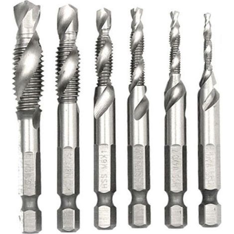 Gewindebohrer-Set, 6-teilig, HSS-Kombinationsbohrer-Set, Sechskantschaft-Long-Silver
