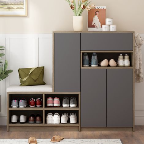 Banc à chaussures avec rangement 140x35x110 cm pour entrée, étagères réglables, assise coussinée, gris (1/5)