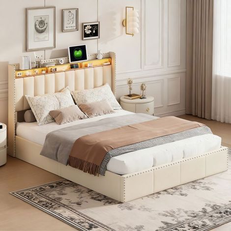 Lit coffre 140x190 - POCKETPOP - Velours blanc cassé - Tête de lit avec LED et USB - Cadre de Lit avec Sommier à Lattes - 2 places (1/5)