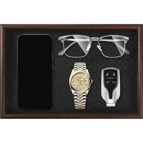 Vide Poche et Plateau Bijoux en Bois avec Base en Cuir, 30x20x3.5cm Organisateur Bijoux et Rangement Bijoux pour Clés, Portefeuille et Montre de Soleil, Plateau élégant pour Table de Chevet (1/5)