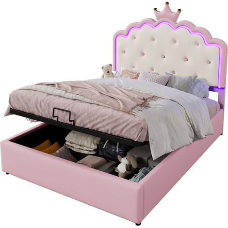 Lit enfant 140x200 princesse avec coffre hydraulique, LED d’ambiance et tête de lit couronne, sans matelas, rose  CHICFURN (1/5)