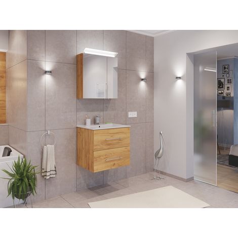 Badmöbel Set Firenze 60 2tlg. Spiegelschrank Softclose eiche gold